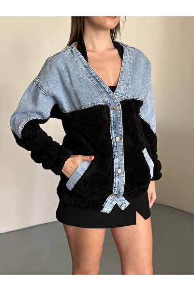 SOLİS MODA Plush Women's Jacket with Denim Details