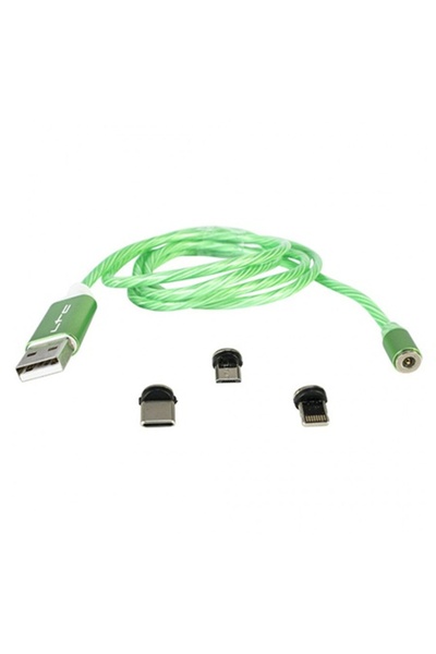 LTC 3 в 1 Магнитен кабел за зареждане 1м USB-C/Micro USB/iPhone LED зелен