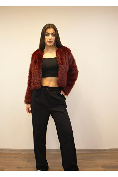 NEW JOURNAL Women's Burgundy Faux Short Faux Fur Coat New-005