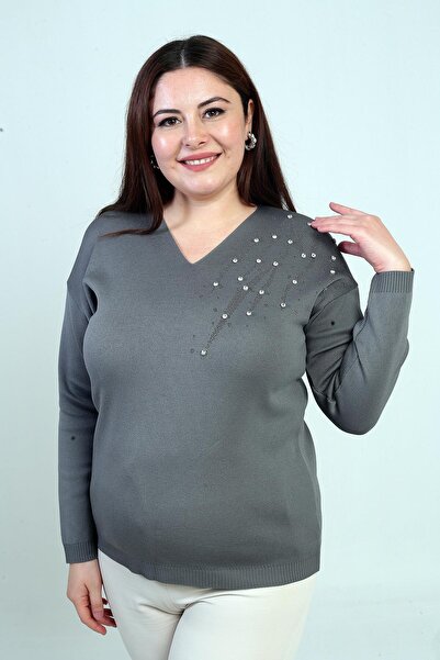 By Saygı Women's V-Neck Plus Size Rhinestone Knit Blouse