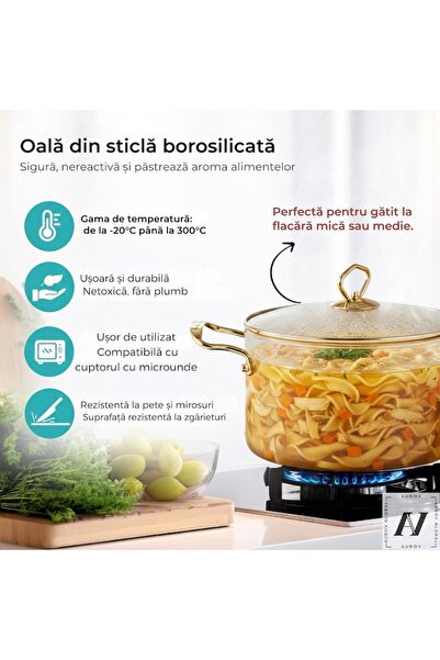 Aurov Oala Sticla Borosilicata, Termorezistenta, 4.5L, Capac/Maner Auriu, Transparent/Galben
