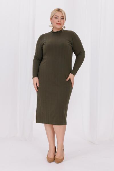 Madwilo Women's Khaki Green Turtleneck Stretchy Twist Knitwear Plus Size Dress