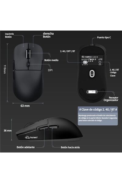 ATAsoft Freewolf A6 Kablosuz Oyuncu Mouse PAW3311 1000 Hz 24000 DPI Profesyonel Bluetooth Üç Modlu Bağlantı