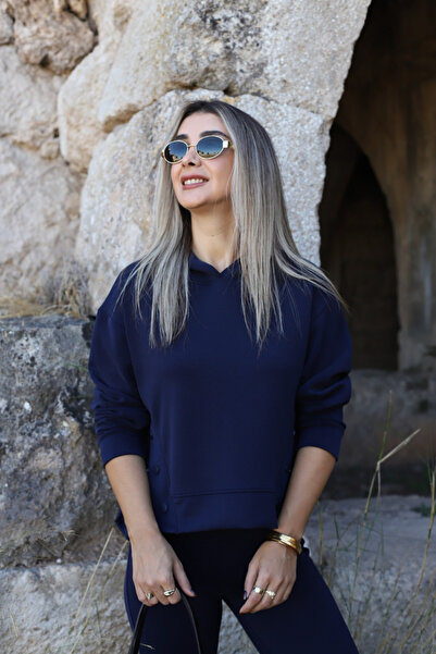 bytugcekaya Navy Blue Snap Detail Hooded Modal Tracksuit Set