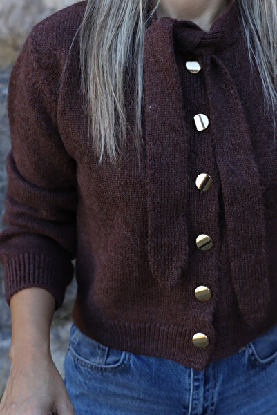 bytugcekaya Coffee brown standard size gold button scarf cardigan