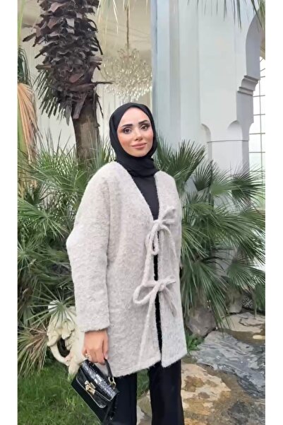 ENstor Kadın Önü Bağcık Detaylı Keçe Kumaş Kimono Ceket