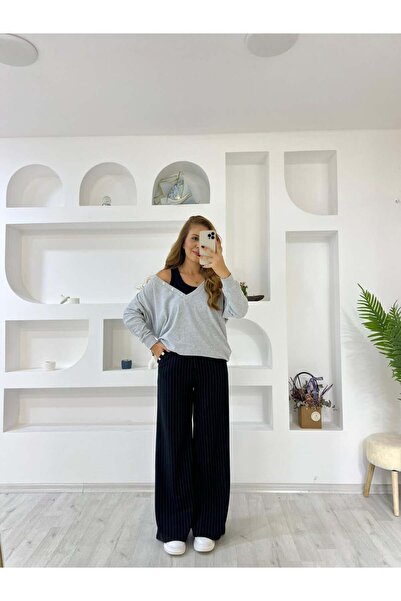 İrka Moda Çizgili Pantolonlu Üçlü Takım