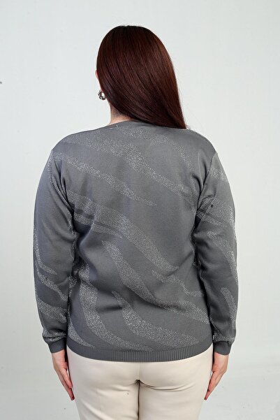 By Saygı V-Neck Silvery Zebra Pattern Plus Size Blouse