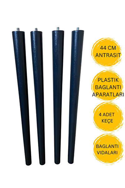 HAMADEX 44 cm Antrasit Renk Konik Ahşap Ayak 4 Adet + Bağlantı Aparatları Sandalye Sehpa Ayağı