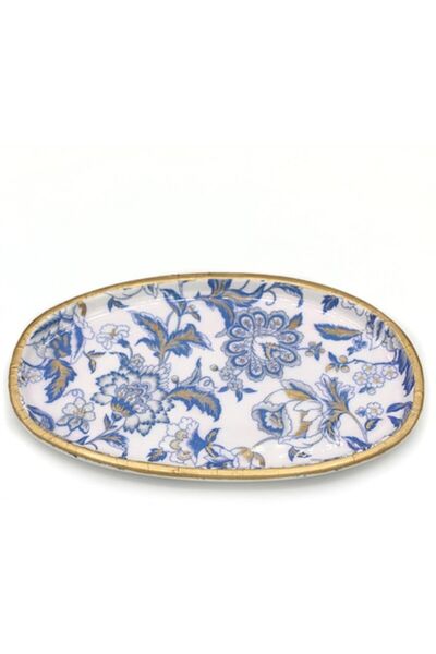 Liryo Candles Decorative tray - candle/jewelry holder, hand-cast mineral marble, 19 cm, Blue Flowers