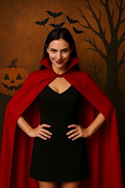 TOYFEST Halloween Red Collar Cape & Bat Black Feathered Crown Set – Satanic Vampire Costume Set