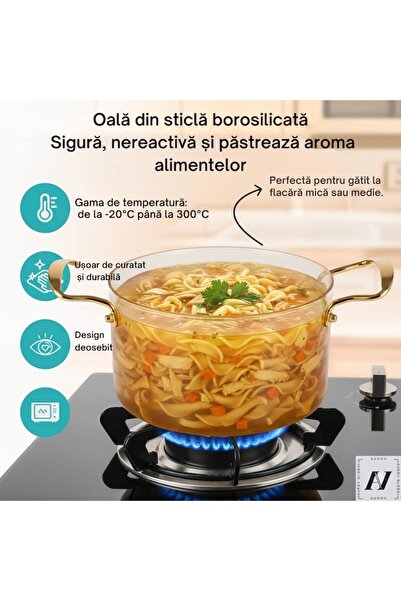 Aurov Oala Sticla Borosilicata, Termorezistenta, 4.5L, Capac/Maner Auriu, Transparent/Galben