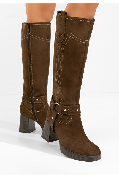 B T Shoes Lionia brown thick heeled long boots