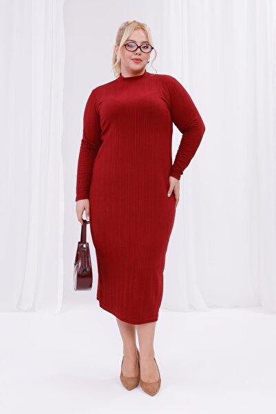 Madwilo Women's Burgundy Turtleneck Stretchy Twist Knitwear Plus Size Dress