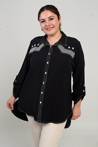 By Saygı Women's Bird-Eye Mesh Sleeve Folded Large Size Long Shirt