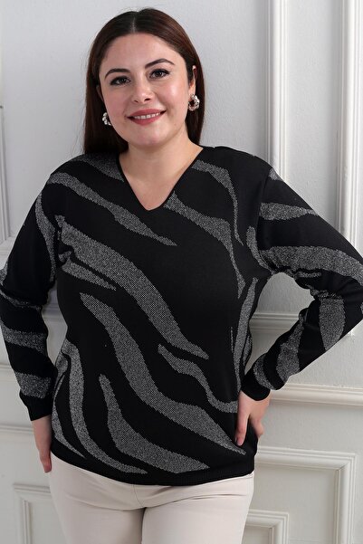 By Saygı V-Neck Silvery Zebra Pattern Plus Size Blouse