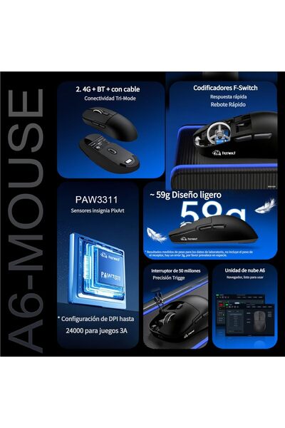 ATAsoft Freewolf A6 Kablosuz Oyuncu Mouse PAW3311 1000 Hz 24000 DPI Profesyonel Bluetooth Üç Modlu Bağlantı