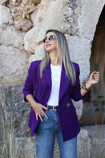 bytugcekaya Mor Gold Tek Düğmeli Blazer Ceket