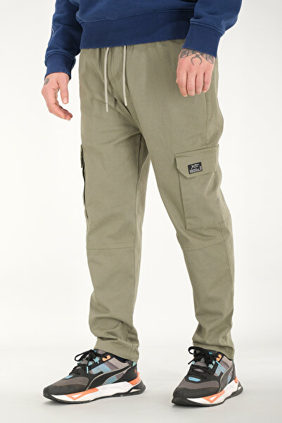 Souris Men's Light Khaki Cargo Pants Relaxed Fit Cotton Elastic Waist