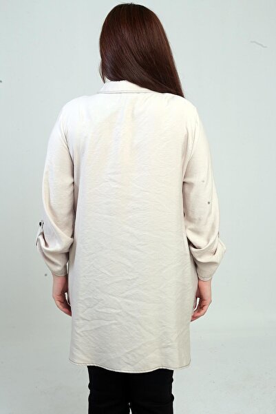 By Saygı Γυναικείο μακρύ πουκάμισο με διχτυωτό μανίκι με διπλωμένο μανίκι μεγάλου μεγέθους