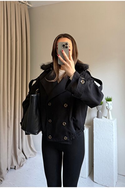 ForOus Buttoned Belted Short Trench Coat with Detachable Fur Collar Detail