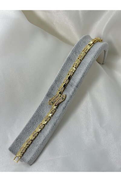 Uzak Işıklar Steel Bracelet with Zircon Stone, Thick Snake-Shaped Gold