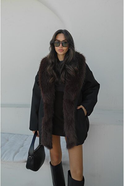 Havoş Fekete Buff galléros szőrmés öves kabát