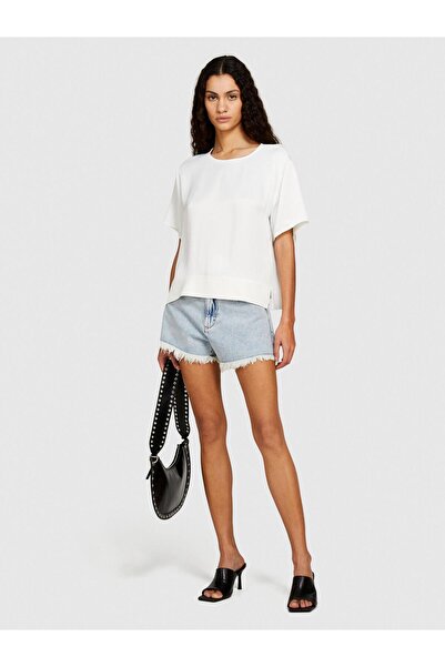 Sisley 100% Viscose Hem Ribbed Slit Wide Neckline Blouse Women's White Blouse - 324P52Bzlq075