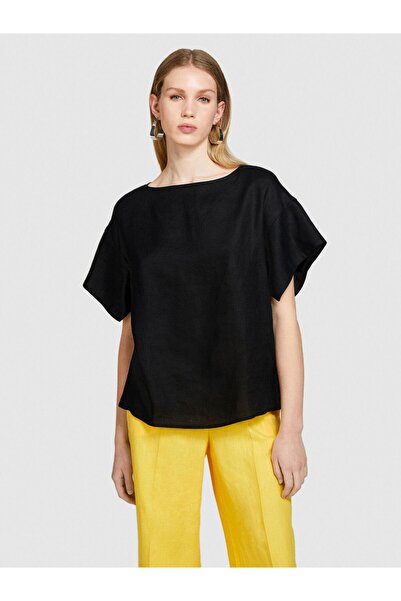 Sisley 100% Linen Relaxed Fit Boat Neck Blouse Women's Black Blouse - 324P5Bmllq06R
