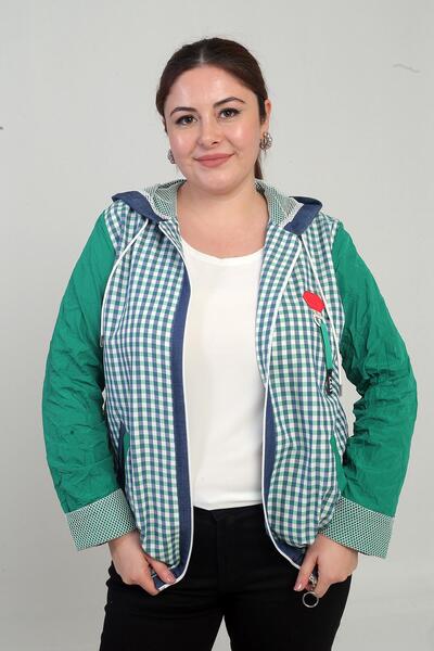 By Saygı Women's Hooded Checkered Plus Size Coat with Front Zipper Pockets and Mesh Detail