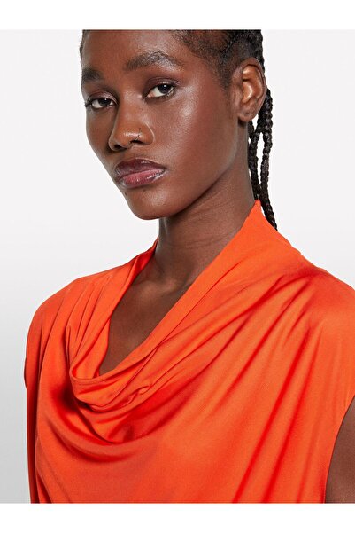 Sisley 100% Viscose Asymmetrical Draped Neckline Sleeveless Top Women Pomegranate Blossom Blouse - 325P5Fntlq08P