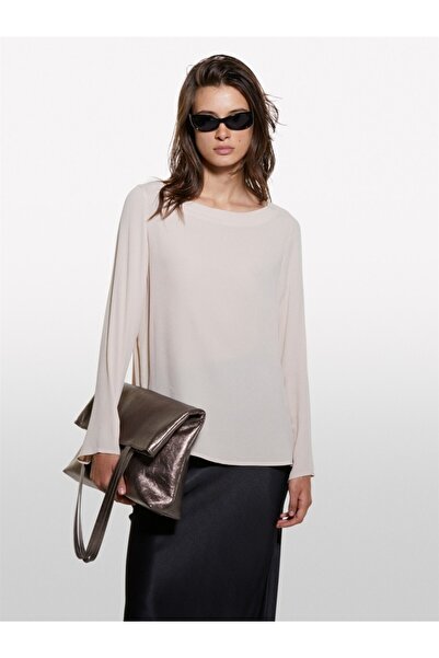 Sisley Kdn_100% Viscose Relaxed Fit Side Slit Boat Neck Blouse Women's Powder Blouse - 324A5Zmzlq07S