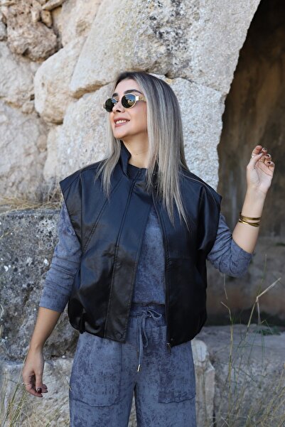 bytugcekaya Black Leather Bomber Vest