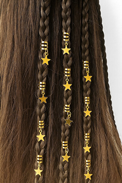 monalisatoka Kadın Gold Saç Halkası Saç Küpesi Yıldız Model 10 Lu Hair Charms