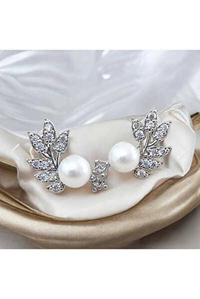 İnci Yaprak tasarım zirkon taşlı incili antialerjik çelik küpe