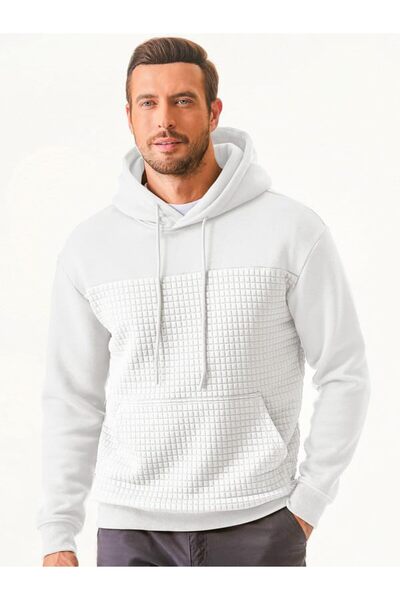 OEM Ανδρικό φούτερ με κουκούλα Elegance, μακρυμάνικο, λευκό, casual, ζεστό, με τσέπες, μέγεθος L