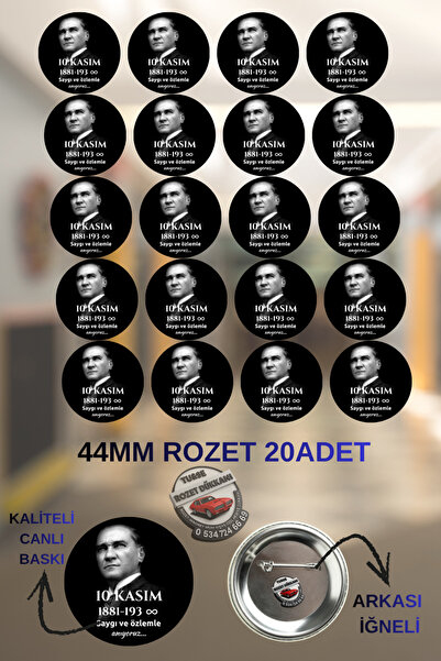 tuse rozet dükkanı 10 kasım 44mm Buton Rozet 20 Adet Atatürk Rozeti