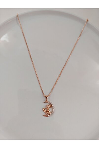 Çelik Xuping Zirkon Taşlı Gül Tutan Kız Figürlü Kolye - gold rose - 45 cm