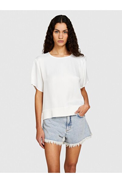 Sisley 100% Viscose Hem Ribbed Slit Wide Neckline Blouse Women's White Blouse - 324P52Bzlq075