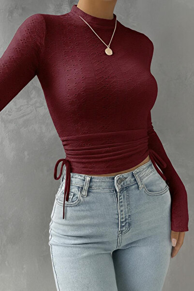 Marin Star Bluză crop cu mâneci lungi cu model din dantelă burgundă, bluză cu model brodat burgundă cu pliuri laterale material elastic cu model, top elegant burgundă