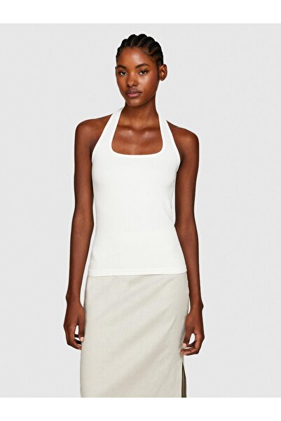 Sisley Viscose Blended Halter Neck Stitch-Free Zero Sleeve Top Women's Off White Blouse - 324P1Znjmh00B