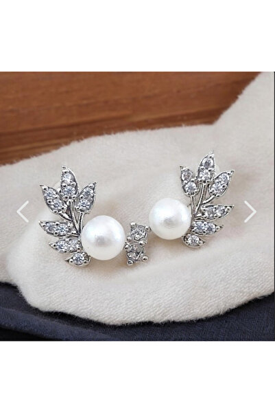 İnci Yaprak tasarım zirkon taşlı incili antialerjik çelik küpe