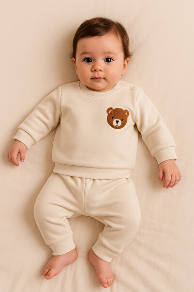 eradkids Organic Cotton Teddy Bear Detailed Baby Top and Bottom Set / Baby Two-Piece Set