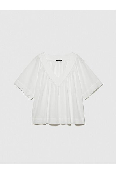Sisley 100% Cotton Pleated V-Neck Blouse Women Off-White Blouse - 324P5Ho1Lq06Q