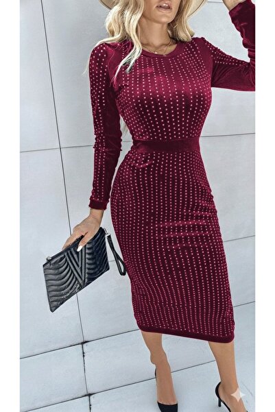 buğrahayalin Women's Long Sleeve Crew Neck Rhinestone Midi Velvet Dress