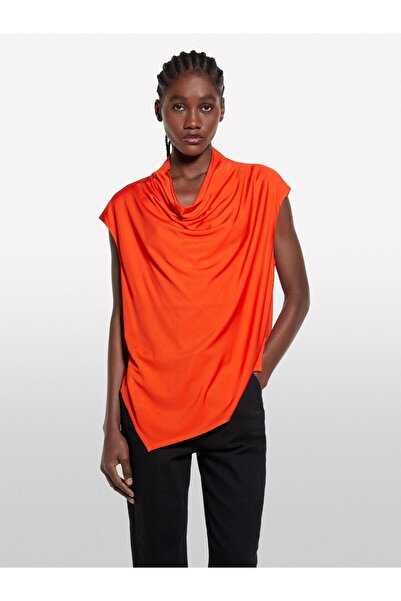 Sisley 100% Viscose Asymmetrical Draped Neckline Sleeveless Top Women Pomegranate Blossom Blouse - 325P5Fntlq08P