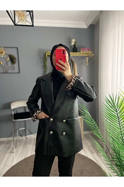 byalisdmr Leopar Detay Deri Ceket -Siyah