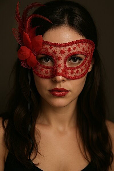 TOYFEST Dantel Temalı Tüllü Kuş Tüylü Çiçekli Maske Kırmızı Göz Maskesi Şık Parti Kostüm Aksesuarı