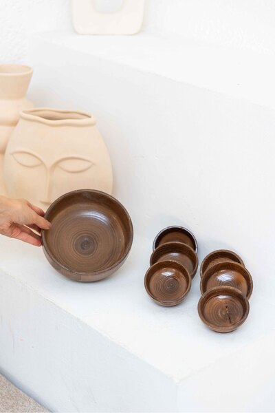 KaiHome 7 Piece Special Wooden Snack Bowl Set Dark Color