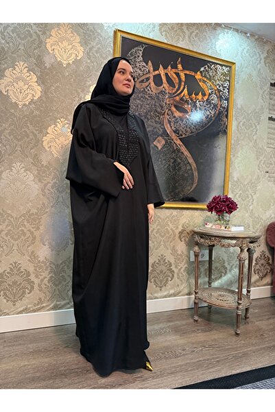 BukrinaCo Yakası taşlı Dubai krep yarasa kol abaya tesettür ferace